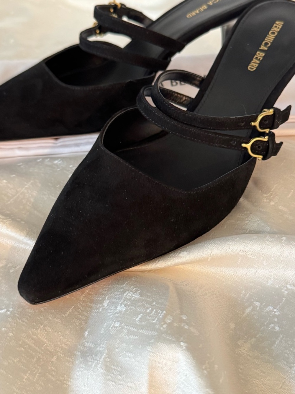 Veronica Beard Corrie Black Suede Strappy Mule Kitten Heels - Picture 2 of 15